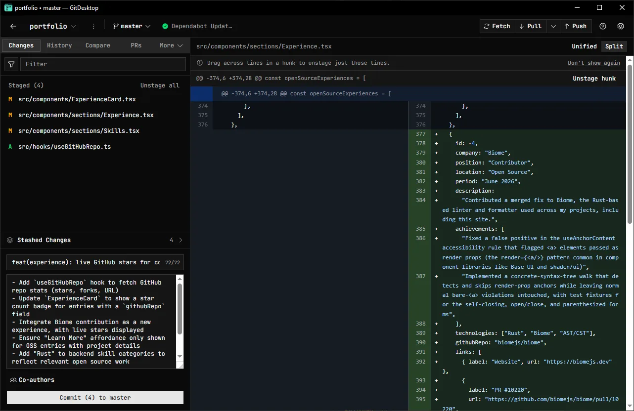 GitDesktop showing a split diff with per-hunk stage controls — staging changes line by line
